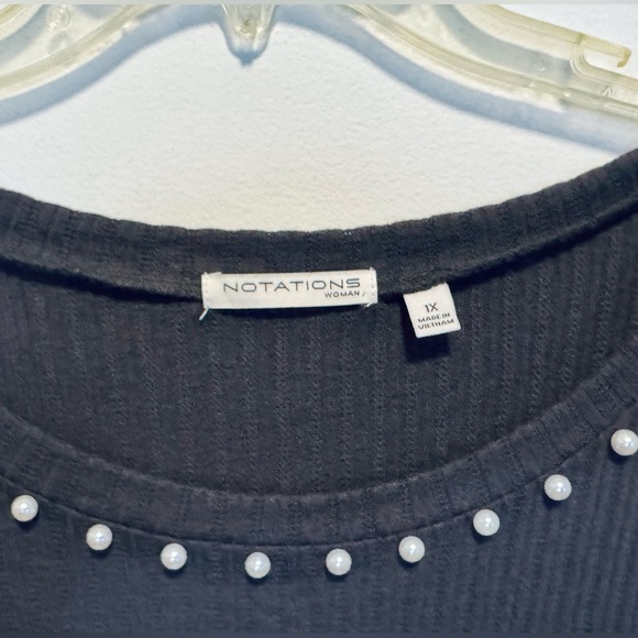 Notations NEW 1X Grey Knit 3/4 Sleeve Pullover Top with Faux Pearl Neckline Plus - Picture 2 of 7